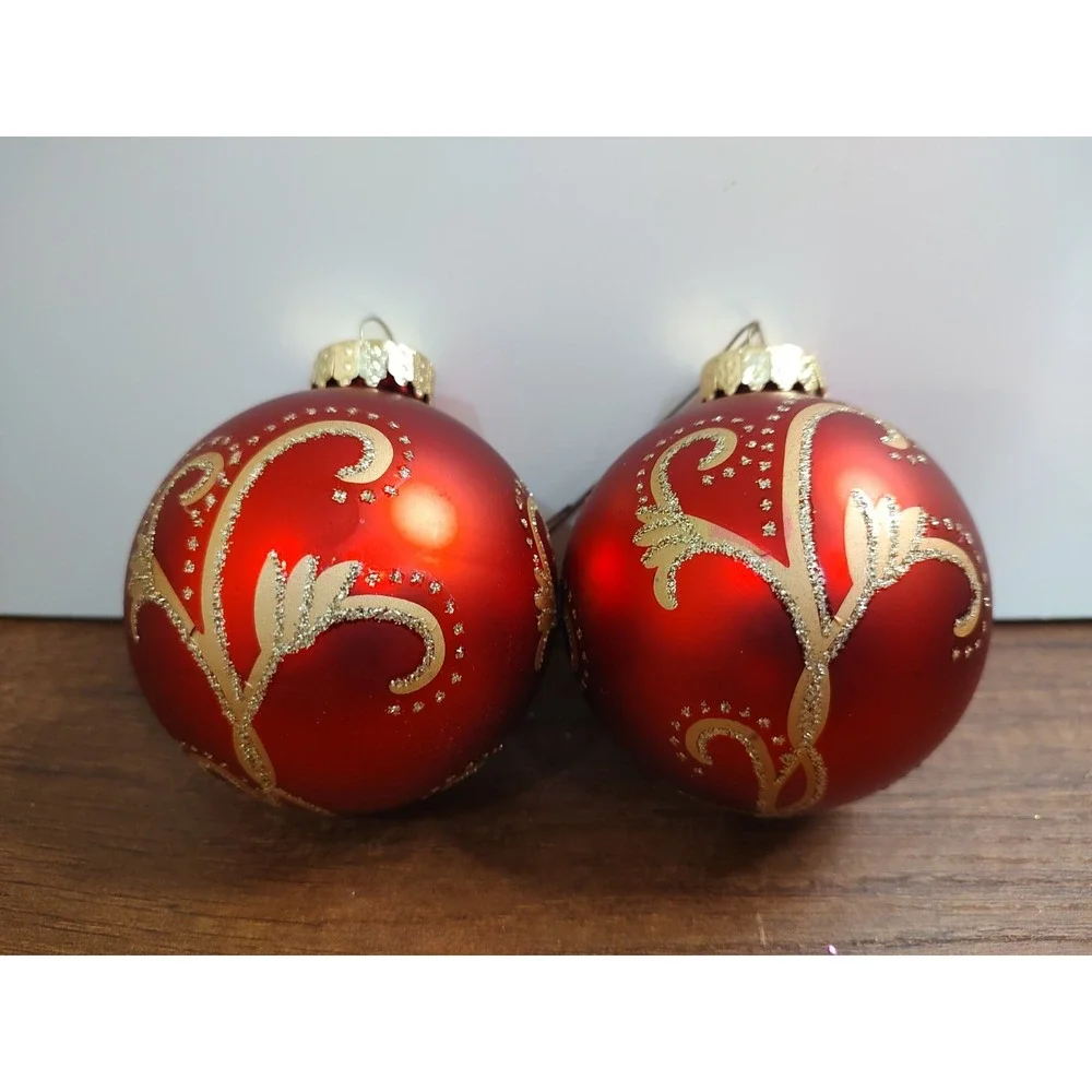 G&B Red Glass Ball Christmas Ornament Lot Of 2 Gold Glitter Scroll Pattern A17